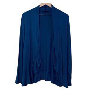 SHIELA ROSE Elegant Open Cardigan Women’s Navy Blue XL Ruffle Edges Stretch.